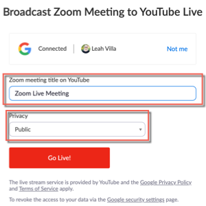 Broadcast zoom meeting to youtube live. Shows connect account and options for zoom meeting title on youtube, privacy, and Go live! button.