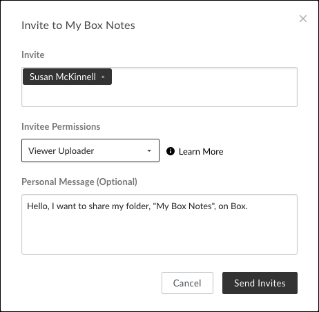 The Invite to Folder screen with a user in the Invite field, message in personal message, and Send Invites showing