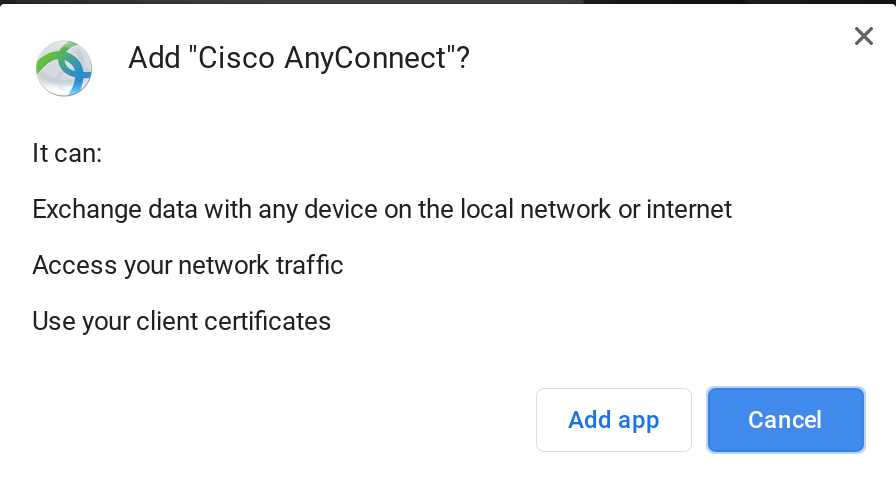 Image asking to Add "Cisco AnyConnect" to device