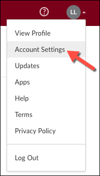 The account menu expanded with Account Settings highlighted in the list
