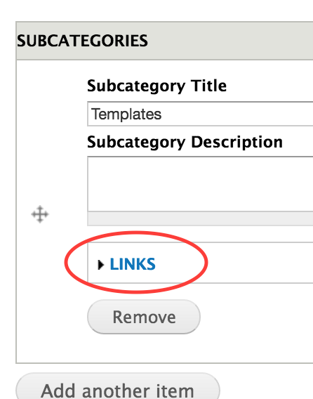 A screenshot showing the Links dropdown follows the subcategory description field