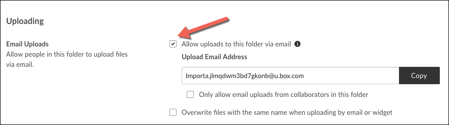 The Uploads section of the settings screen with the Allow Uploads to this folder via email checkbox highlighted and a unique email for the folder showing in the box below