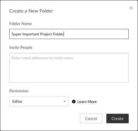 The Create New Folder Screen with a Name filled in and no collaborators yet added