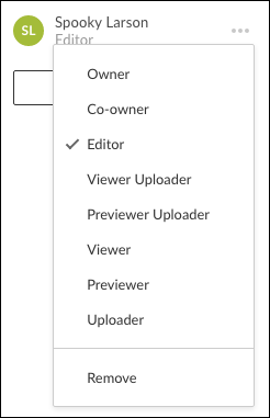 A screenshot of an individual collaborator's menu open with Editor checked off and all other available options showing in the dropdown