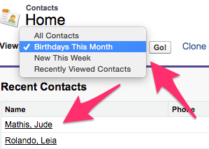 A screenshot showing the Contacts Home Tab with the View menu expanded highlighting the Go! button and a clickable name in recent contacts