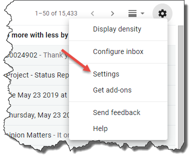 GMail general settings menu expanded. Arrow is pointing to the "Settings" menu option.