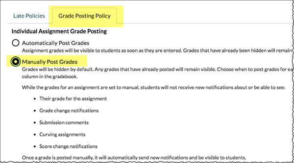 Grades Posting Policy tab with Manually Post Grades option turned on