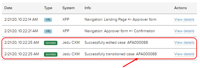 Jadu XFP Received forms tab, log section. Example case reference number open. Success status highlighted with an arrow pointing out CXM case number.