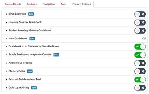 Course Settings, Features tab, Gradebook - List Students by Sortable Name, Enable Dashboard Images for Courses,  Quiz Log Auditing options shown as on