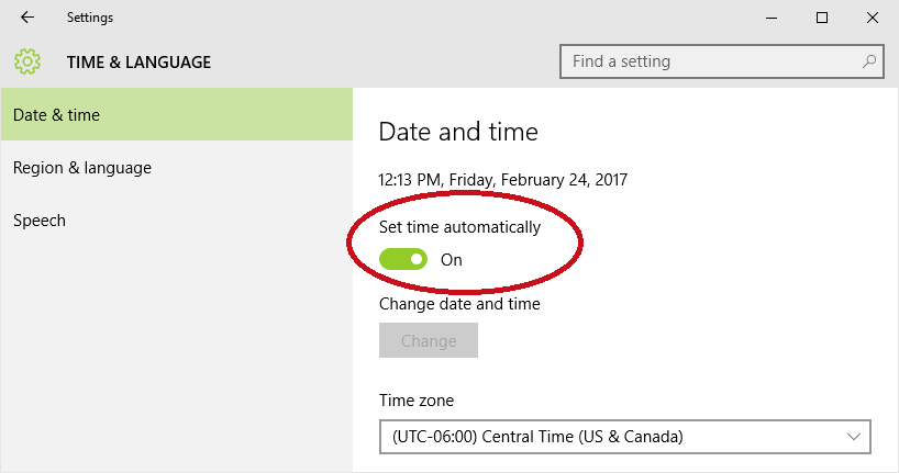 Date and Time settings in Windows 10. Set time automatically button is highlighted.