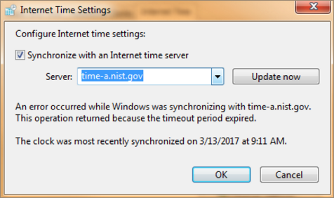 Internet Time Settings dialog box. Synchronize with an Internet time server is checked.