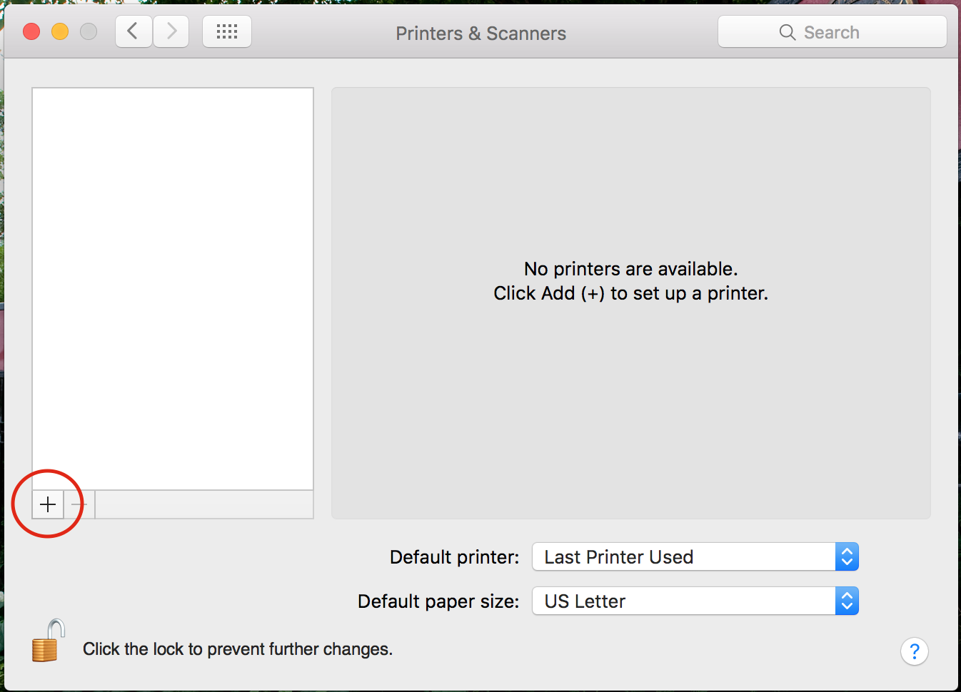 The Printers & Scanners section of System Preferences is opened. The "Plus" (+) button at the bottom of the printers list is circled.