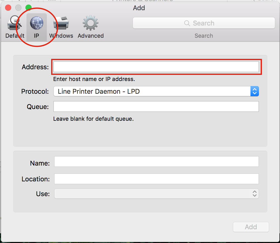 The Add dialog is opened; the IP tab is selected and circled. The "Address" text field is highlighted.