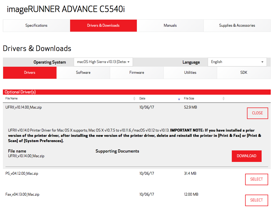The Canon driver downloads page is shown, and the UFRII driver is selected. The Download button is highlighted. 