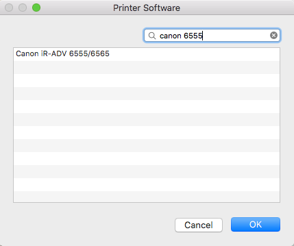 The Printer Software dialog is opened; the search box contains "canon 6555" and Canon iR-ADV 6555/6565 appears in the list. 
