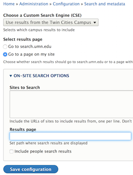 the umn search settings with go to a page on my site selected showing the additional on site search options.