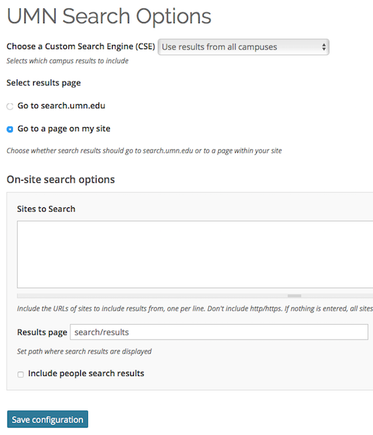 the search options for when go to a page on my site is selected