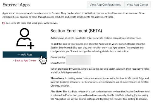 Section enrollment BETA description, Add App button highlighted