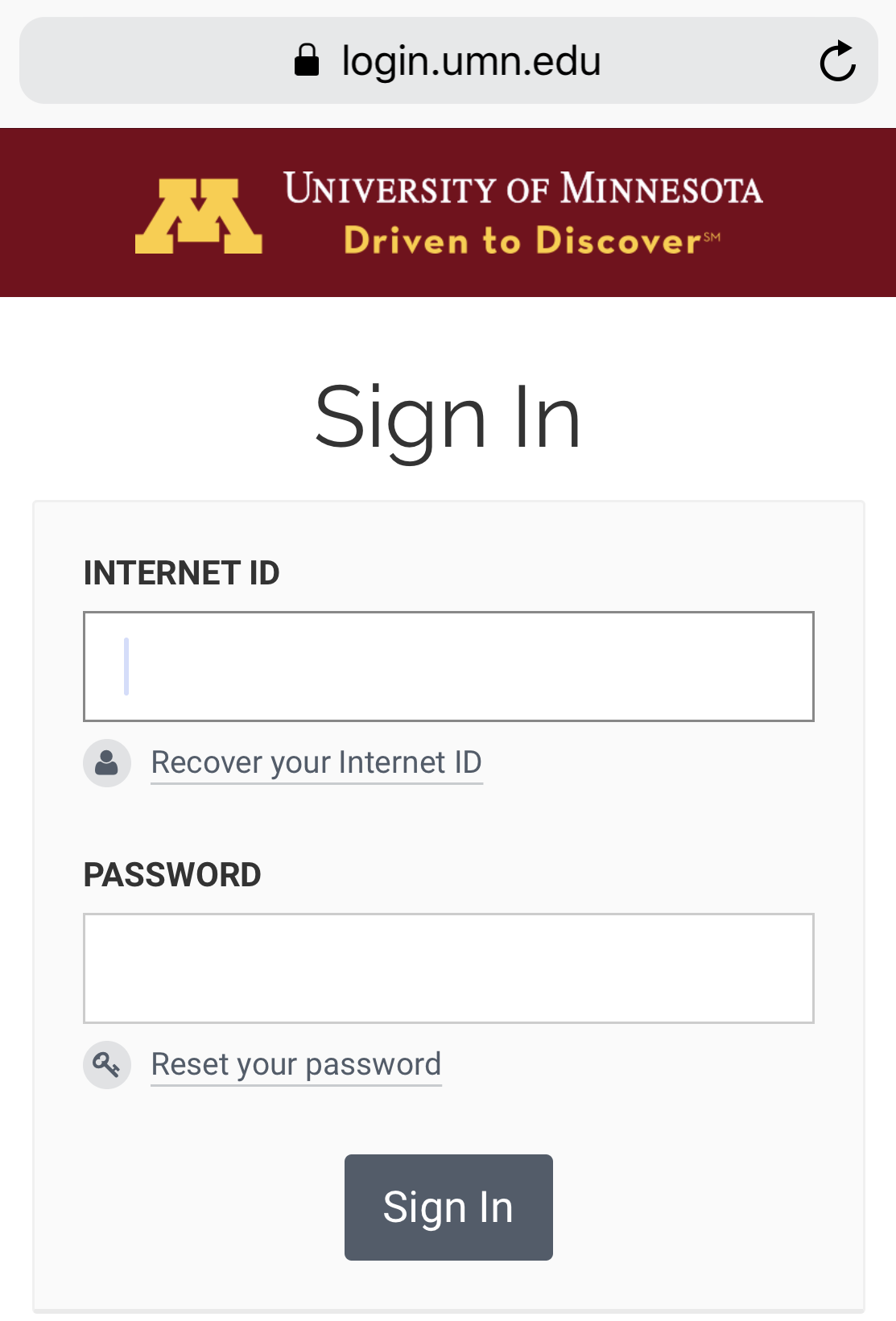 The UMN Single Sign On page in a mobile web browser showing the Internet ID and password fields along with the Sign In button