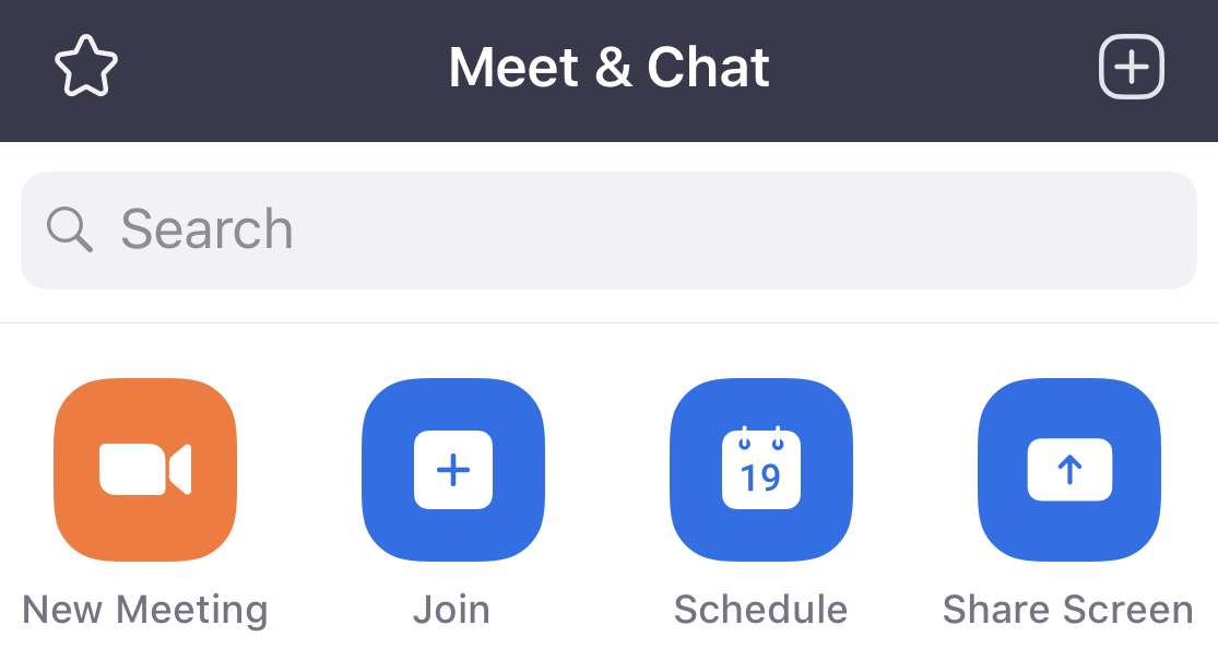 The Zoom mobile app Meet & Chat screen - showing the buttons New Meeting, Join, Schedule, and Share Screen