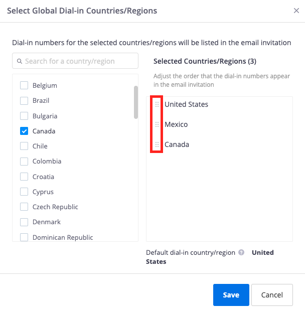 Select Global Dial-in Countries/Regions pop up window with Canada and Mexico selected.  The grid of dots buttons next to each country name in the Selected Countries/Regions column are highlighted.