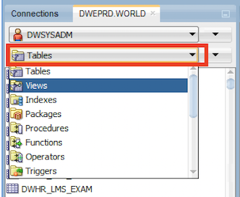the objects selector showing Tables, Views, Indexes, Packages, etc.
