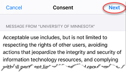 Partial view of the Consent page with various terms of use listed. The Next option is highlighted.