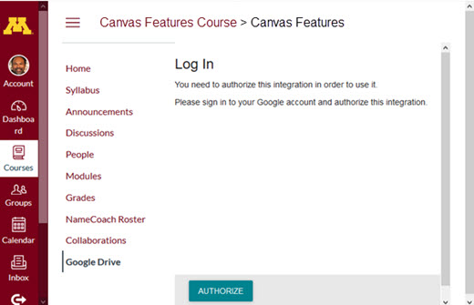 Canvas interface: "Log In You need to authorize this integration in order to use it.  Please sign in to your Google account and authorize this integration."  Authorize button
