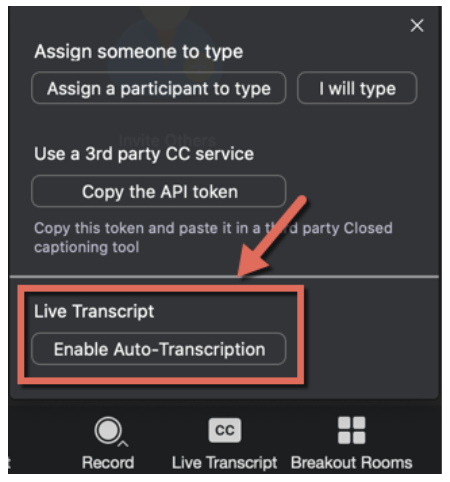 The Live Transcript menu in the Zoom host controls; Enable Auto-Transcription is selected.