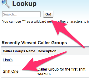 The Caller Group Lookup screen