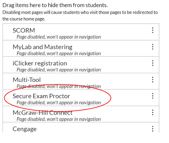 Canvas course settings; Navigation tab; Secure Exam Proctor highlighted