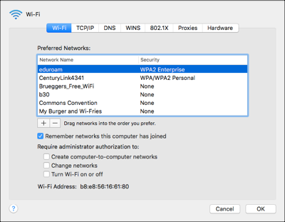 A screenshot showing a Preferred Networks list with eduroam highlighted and showing as the first in the list.