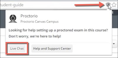 Proctorio Shield icon in top corner of browser with pop-up window and live chat option shown
