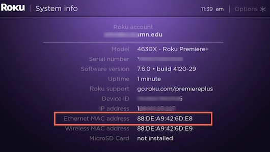 the roku system info screen showing the Ethernet MAC address highlighted