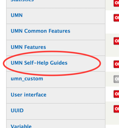 A screenshot of the UMN Self-Help Guides link following the UMN Features link