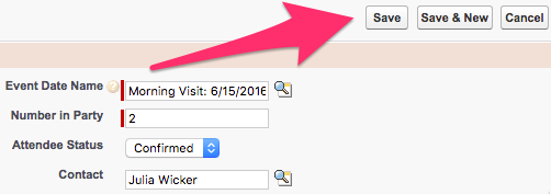 The location of the Save button at the top of Event Attendee record