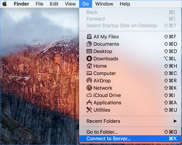 Go submenu in Application menu bar. Connect to Server... is highlighted.