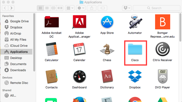 Applications window with Cisco folder selected
