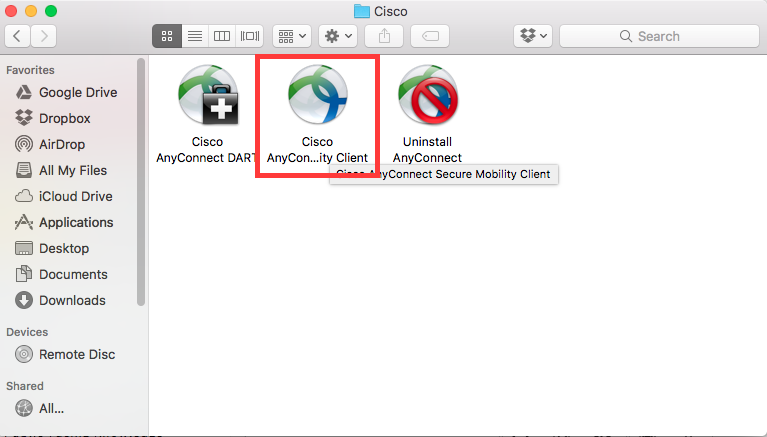 Cisco folder in the Applications window. Cisco AnyConnect Secure Mobility Client is selected. There are also options for Unistall and Cisco AnyConnect DART.