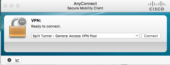 AnyConnect Secure Mobility Client window. Split Tunnel - General Access VPN is selected.