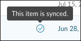 The synced icon with hover text confirming This item is synced
