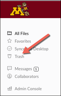 The Trash button highlighted in the sidebar menu