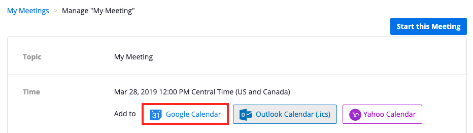 Screenshot of meeting details for an example meeting.  In the Time section, Add to Google Calendar is highlighted