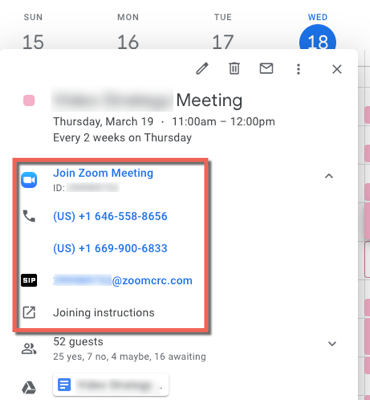 Google calendar event. Zoom meeting join options highlighted.