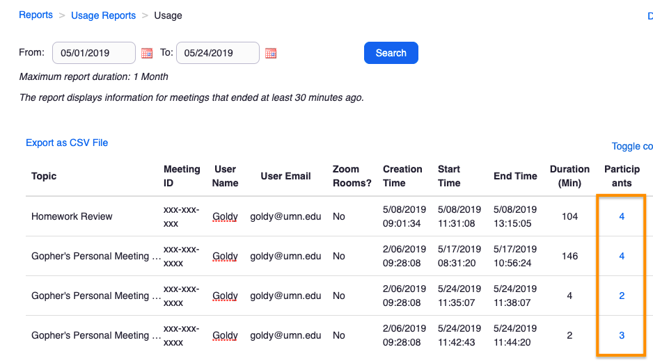 Zoom usage reports screen.  "Participants" column is selected.  Select the number of participants for the meeting you want to see; that will lead you to a roster of participants.