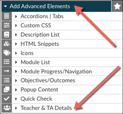 arrow pointing to the Add Advanced Elements menu that is open and shows another arrow pointing to the Teach & TA Details menu option