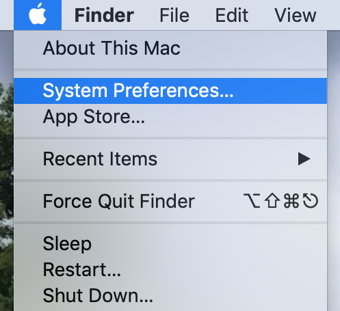 Apple menu is opened. "System Preferences..." is highlighted/selected.