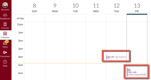 Canvas calendar showing zoom meetings highlighted.