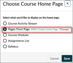 Choose Course Home Page options box with Pages Front Page highlighted