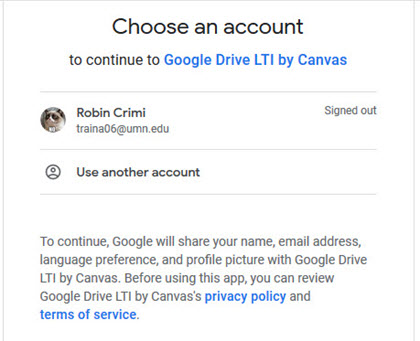 Choose an account window contains text about what info Google will share; links to Canvas's privacy policy and terms of service.